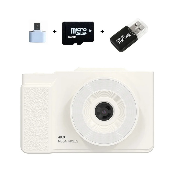 Camera pentru copii, Camera de jucarie, 1080p foto/video, Ecran rabatabil, Lumina de umplere in 3 culori, Design retro, Card SD 64 GB, Alb