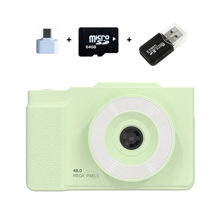 Camera pentru copii, Camera de jucarie, 1080p, Ecran rabatabil, Lumina de umplere in 3 culori, Stil retro CCD, Card SD 64 GB, Verde
