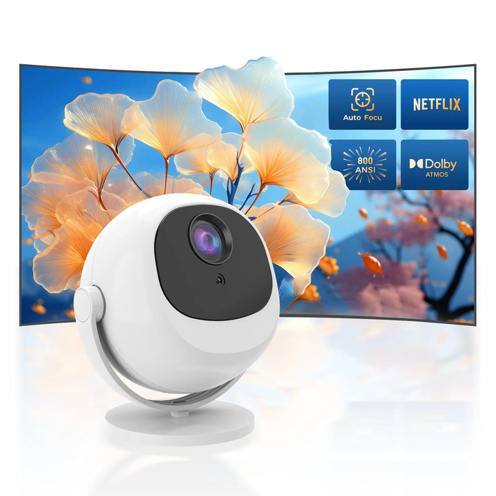 Мини проектор, T4, Android 11, Wi‑Fi 6 и Bluetooth 5.2, Поддръжка на 4K, Автофокус, 180 ANSI лумена, ЕС щепсел