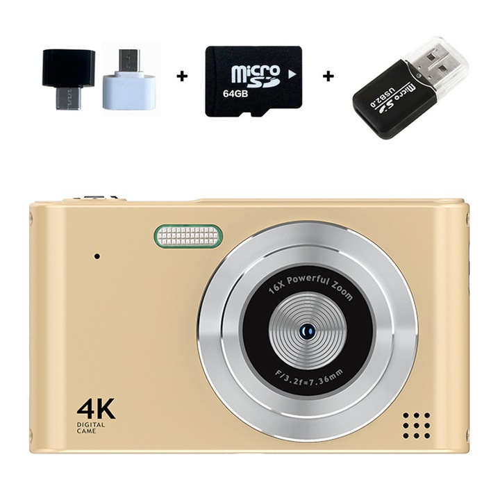Digitális kompakt fényképezőgép, Bytelike, 64 GB memóriakártya, 2,4 hüvelykes IPS kijelző, 16x zoom, HD fényképek, beépített vaku, Android telefon adapter és USB kártyaolvasó, arany