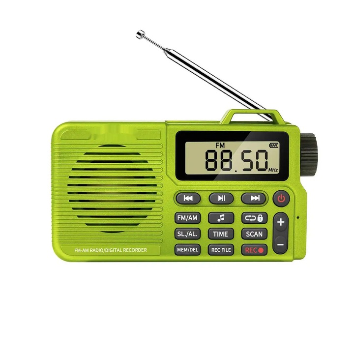 Hordozható rádió, AM/FM Bluetooth 5.0-val, Felvétel funkció, MP3 lejátszó, Ébresztőóra, TF kártyahely, Beépített erősítő, Digitális kijelző, Zöld
