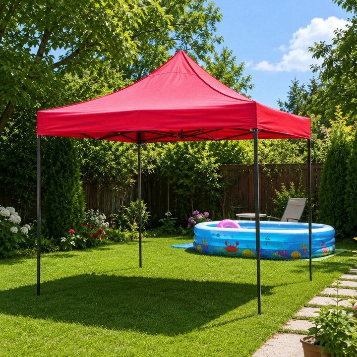Összecsukható Pavilon 3 m x 3 m, Kerti, Rendezvényekre, Vízálló, Megerősített Fémváz és Rögzítőgyűrűk, Tető Polyester Oxford 420D PVC, Piros