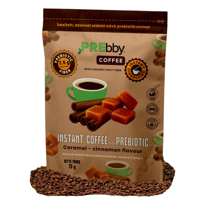 PREbby Instant kávé prebiotikummal / karamell-fahéj ízű, 10x75 g/csomag