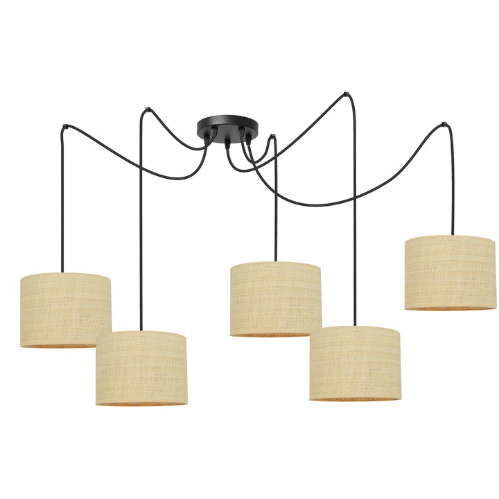 Plafoniera LED Boho Ratan, 5xE27, negru/crem, 200 cm