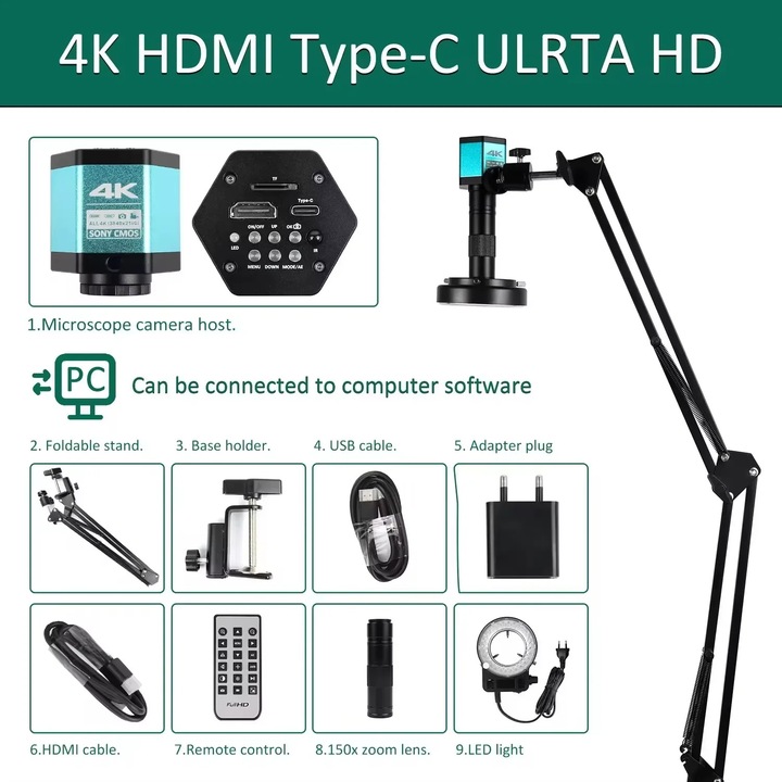 Microscop digital, camera video industriala C-mount, iesire 4K HDMI USB-C, marire 150x, pentru lipire si reparatii telefoane, 4K HDMI Type-C