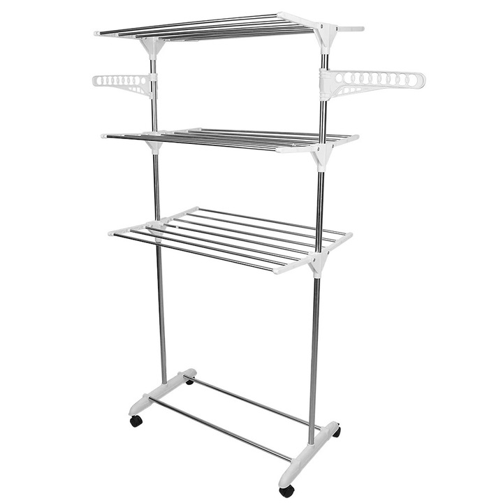 Rozsdamentes acél ruhaszárító állvány, összecsukható ruhaszárító, padlóra helyezhető, 152 cm magas, beltéri használatra, ezüst színű