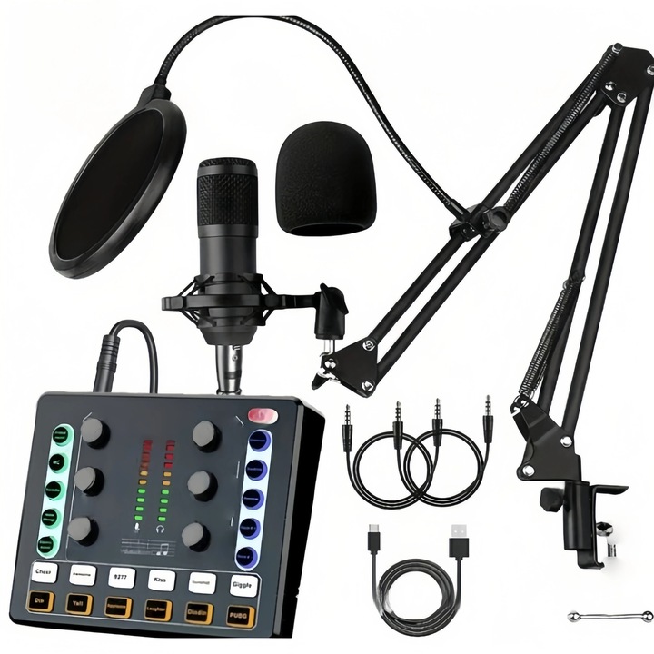 Placa de sunet live, Mixer Bluetooth, Pentru telefon si PC, Podcast, inregistrare, karaoke, Portabil, Negru