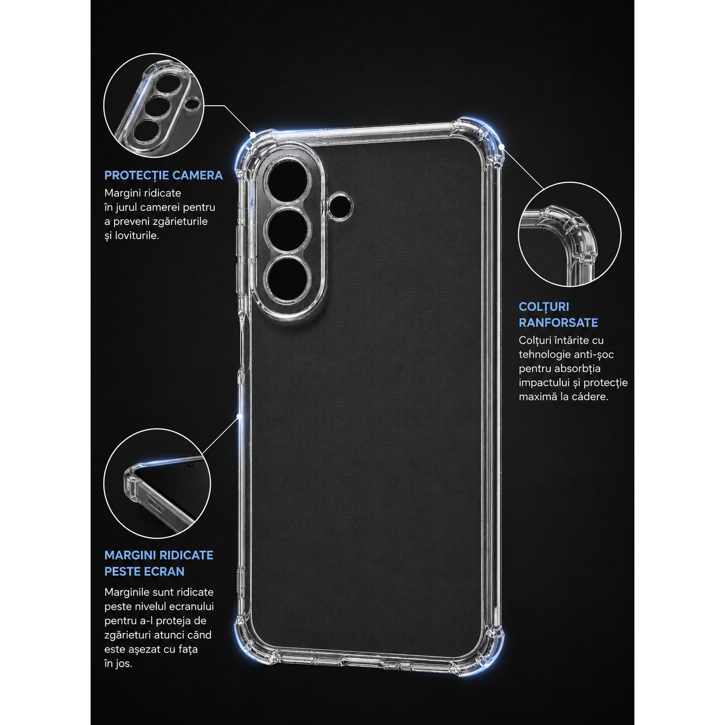 Husa protectie Mat-Tech compatibila cu Samsung Galaxy A57 5G, Protectie Camera, Margini ridicare Ecran, Colturi anti-soc, Rezistenta la impact, Transparenta