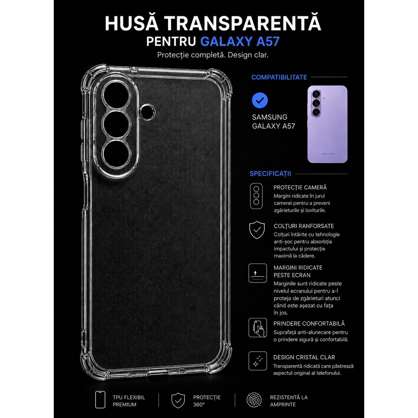 Husa protectie Mat-Tech compatibila cu Samsung Galaxy A57 5G, Protectie Camera, Margini ridicare Ecran, Colturi anti-soc, Rezistenta la impact, Transparenta