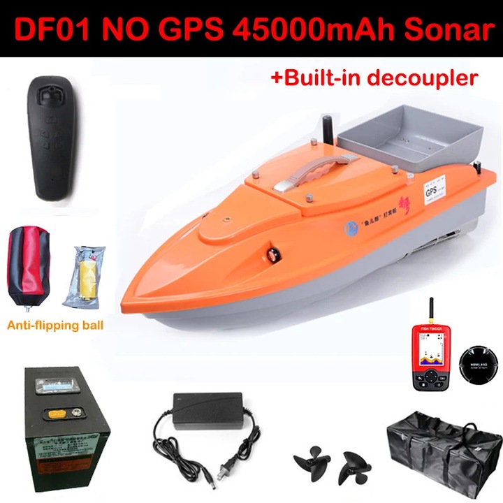 Лодка за захранване с дистанционно управление DF01, RC лодка за риболов 12V, безчетков мотор, обхват 500 м, голям бункер за стръв, без GPS, оранжева