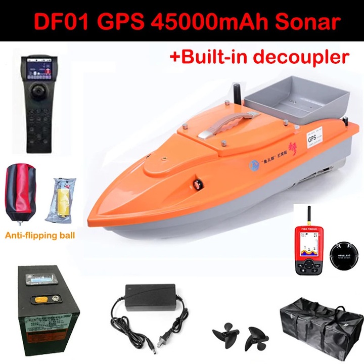 DF01 лодка за стръв, RC GPS лодка за стръв 45A S, Безчетков мотор, Обхват 500 м, Памет за 40 места за захранване, Голям бункер, Оранжев