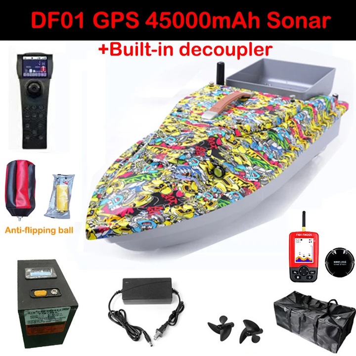 DF01 лодка за захранка, 12V GPS лодка с дистанционно управление за риболов, обхват 500 м, безчетков мотор, автономност 3 ч, 78 см, многоцветна