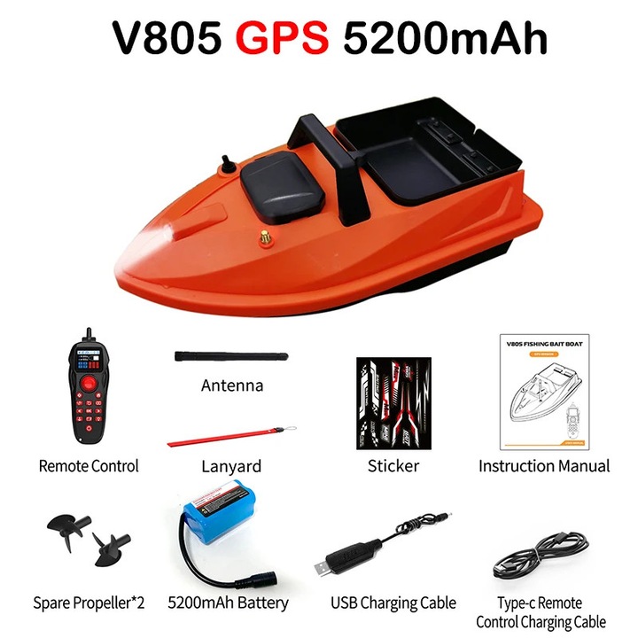 Лодка за захранка RC V805 GPS 5200, лодка за захранка с GPS дистанционно управление, обхват 500 м, 24 точки памет, автоматично връщане, товароносимост 1,5 кг, батерия 5200 mAh