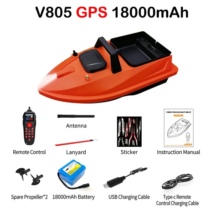 V805 GPS лодка за стръв RC, дистанционно управляема риболовна лодка, 18000 mAh батерия, обхват 500 м, товароносимост 1,5 кг, 24 запаметени точки, автоматично връщане