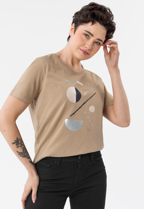 Női pamut póló absztrakt, geometrikus mintával, Regular Fit, Volcano T-Haus, bézs, XL