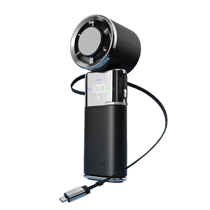 Kézi USB ventilátor, Mini ventilátor, Peltier hűtés, Power Bank 6000 mAh, 100 fokozat, Csendes, Összecsukható, LED kijelző, Fekete