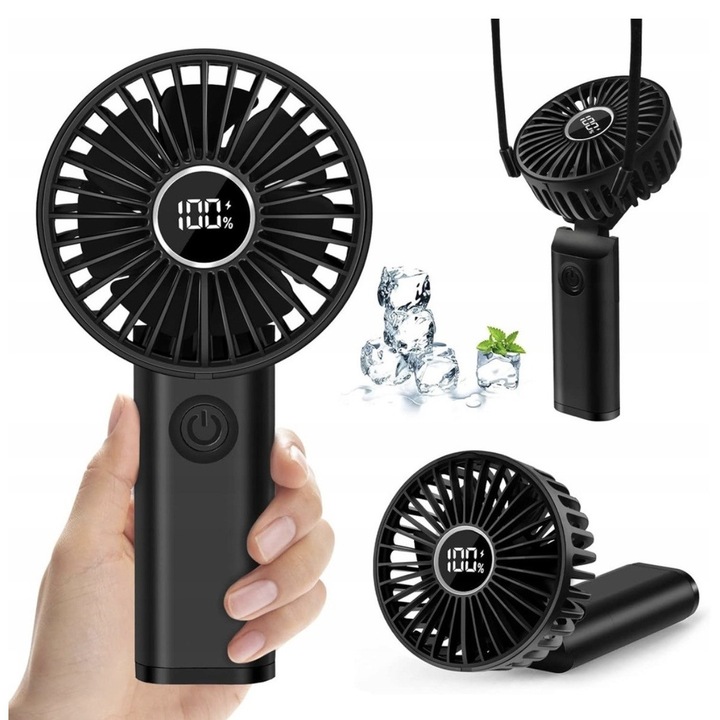 LORDSON Z5 3 az 1-ben hordozható ventilátor, 180°-ban összecsukható, Power Bank funkció, külső vésztöltő, USB-C port, kézi, asztali és nyakba akasztható, 6 sebességfokozat, LED kijelző, teljesen fekete