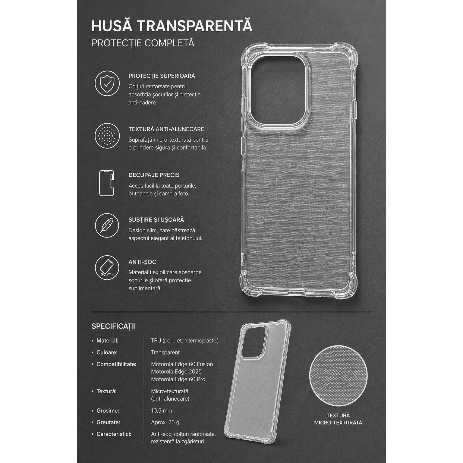 Husa protectie Mat-Tech compatibila cu Motorola Edge 60 Fusion / Edge 60 Pro, Protectie Camera, Margini ridicare Ecran, Colturi anti-soc, Rezistenta la impact, Transparenta