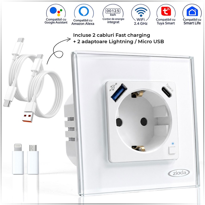Priza Inteligenta WiFi Smart, ZIODA smart essentials®️, Compatibila Android, iPhone prin Tuya, Smart Life, Schuko 16A, USB-A si USB-C Fast Charging, Control Vocal cu Alexa, Google Assistant, Monitorizare Consum Energie, Sticla Securizata, Accesorii, Alb