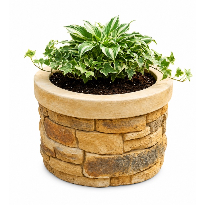 2 db prémium virágcserép természetes kő megjelenéssel, kerek, külső átmérő 39 cm, belső átmérő 30 cm, magasság 25 cm, 22 kg darabonként, krém