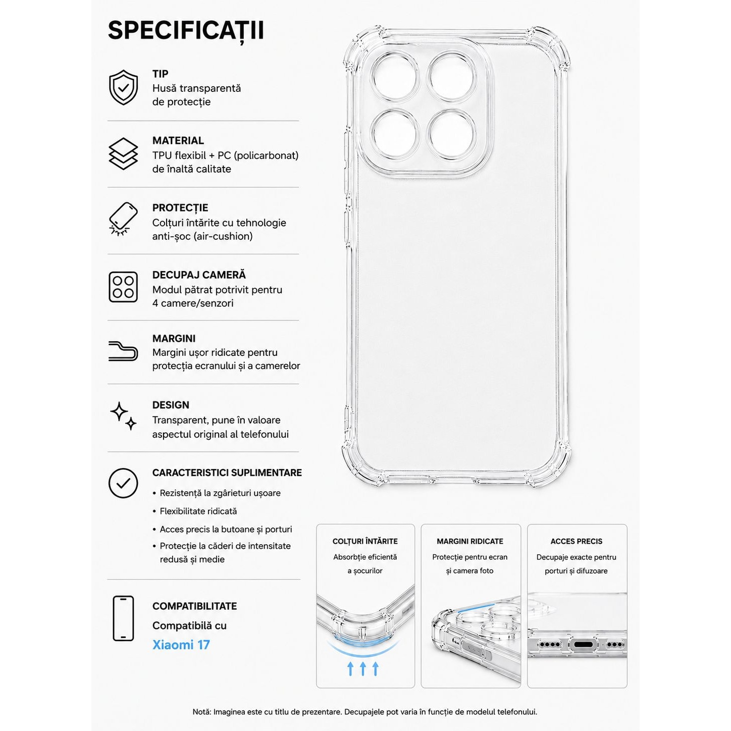 Husa protectie Mat-Tech compatibila cu Xiaomi 17, Protectie Camera, Margini ridicare Ecran, Colturi anti-soc, Rezistenta la impact, Transparenta