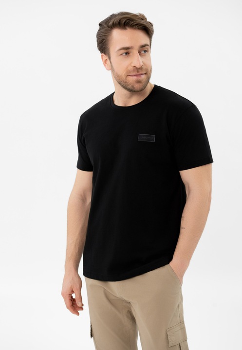 Férfi egyszínű pamut póló, Comfort Fit, Volcano T-Indu, fekete, M