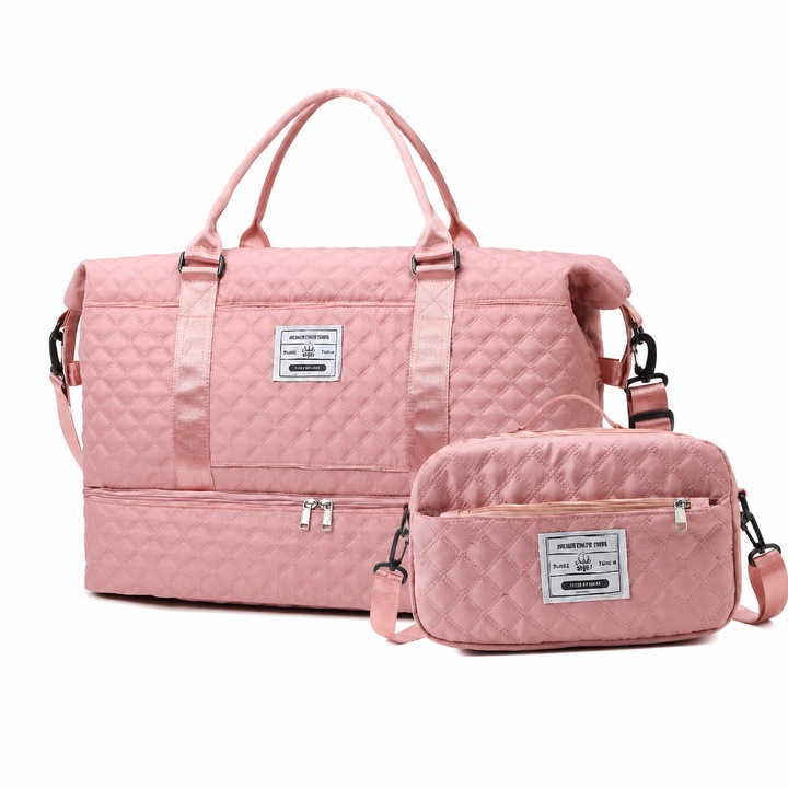 Női Utazótáska Szett 2 az 1-ben, Nagy Utazótáska Külön Cipőrekesszel és Kis Crossbody Táska, Vízálló Anyag, Nagy Kapacitás, Troli Zseb, Edzőterembe, Fitneszhez és Hétvégére, Rózsaszín - Avyra