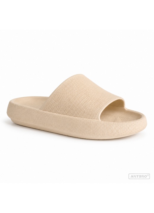Papuci dama tip slapi bej 37-38 EU, cu banda lata si talpa texturata, comozi, usori si anti-alunecare, pentru casa, baie, piscina si plaja, ANTBRO®