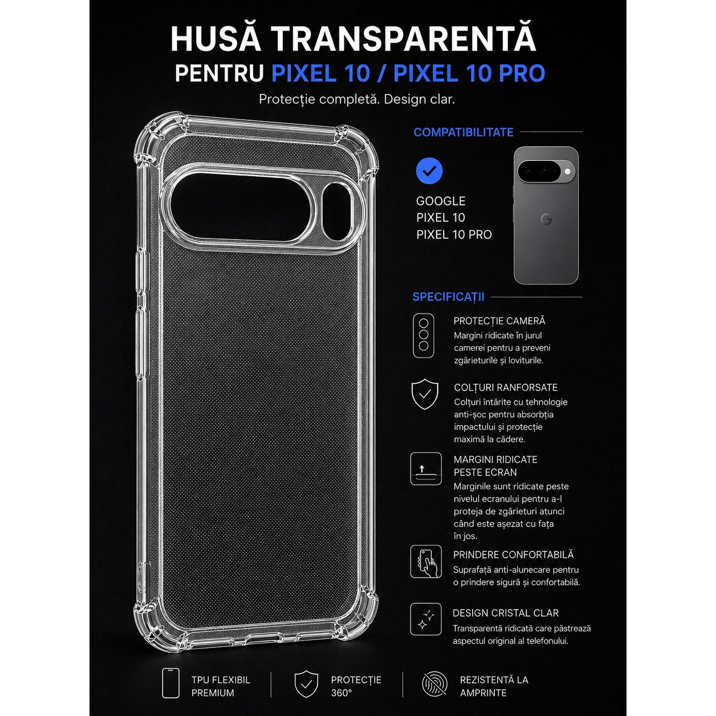 Husa protectie Mat-Tech compatibila cu Google Pixel 10 / Pixel 10 Pro, Protectie Camera, Margini ridicare Ecran, Colturi anti-soc, Rezistenta la impact, Transparenta