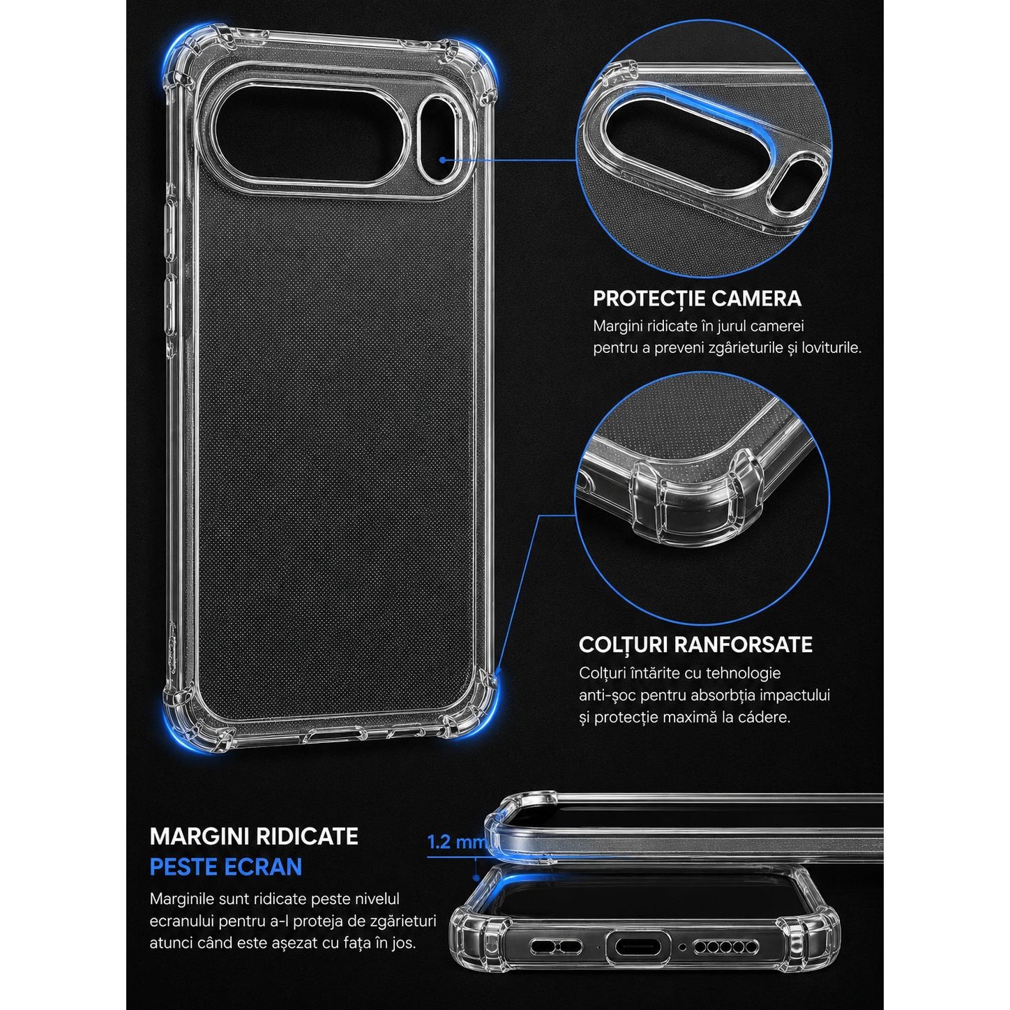Husa protectie Mat-Tech compatibila cu Google Pixel 10 / Pixel 10 Pro, Protectie Camera, Margini ridicare Ecran, Colturi anti-soc, Rezistenta la impact, Transparenta