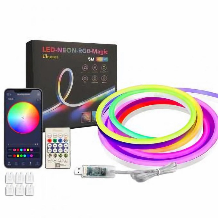 KIT LED sávj COB RFAN, RGB, távirányítóval, több színű, 5m, 5V, transzformátor