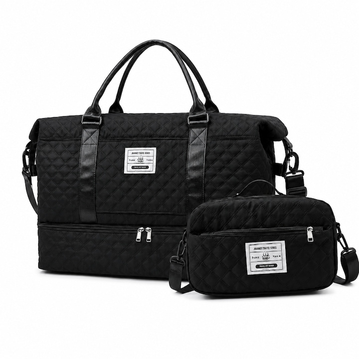 Női Utazótáska Szett 2 az 1-ben, Nagy Utazótáska Külön Cipőrekesszel és Kis Crossbody Táska, Vízálló Anyag, Nagy Kapacitás, Troli Zseb, Edzőterembe, Fitneszhez és Hétvégére, Fekete - Avyra