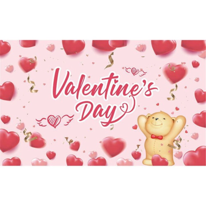 Banner decorativ Valentine's Day, urs fericit, rosu roz, 185x110cm
