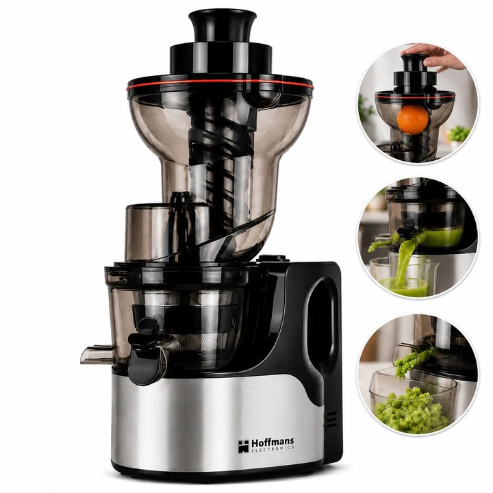Storcator cu presare la rece Hoffmans HM-636, Slow Juicer, 200W, tub alimentare 130 mm, motor 100% cupru, extractie suc pana la 96%, negru/inox