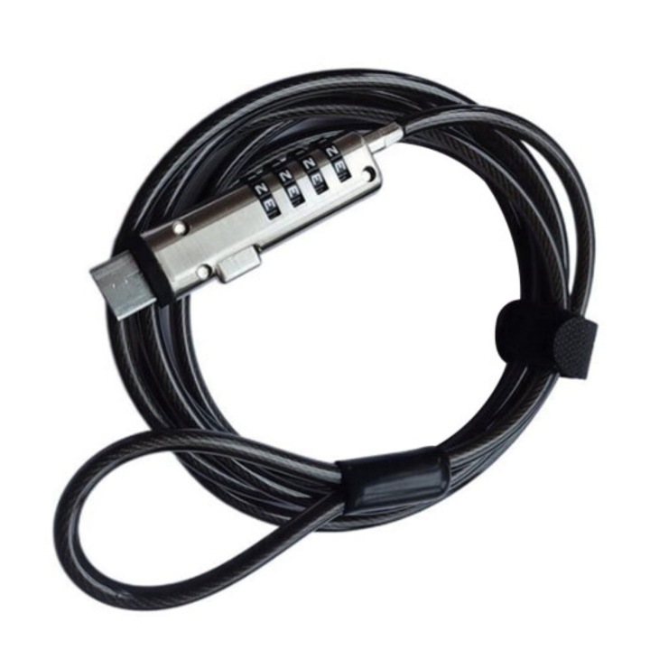 USB lopásgátló lakat 1.9m acélkábellel, fekete, reszetelhető kombinációk