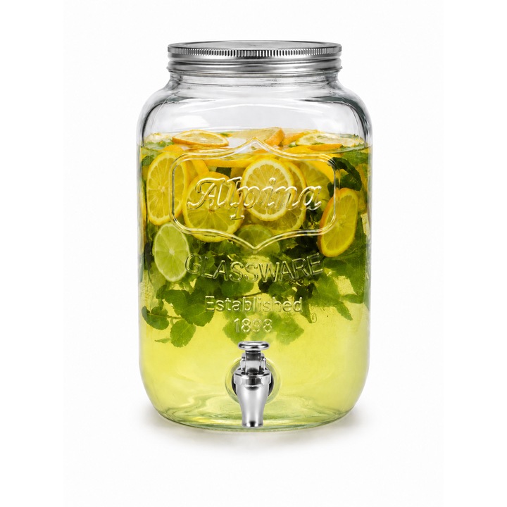 Alpina Italadagoló Üveg Műanyag Csappal, Ideális Limonádéhoz, Gyümölcslevekhez, Teákhoz, Fém Tetővel, 8 L Kapacitás, Átlátszó/Ezüst