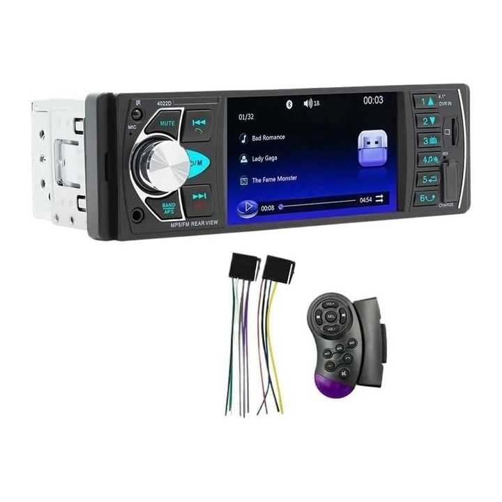 Autórádió 1 DIN, 4.1 hüvelykes képernyő, Bluetooth, MP5, FM, USB, AUX, TF, többszínű világítás, kormánykerék vezérlők