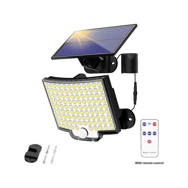 Стенна соларна лампа със 106 LED диода, сензор за движение, IP65, 5м кабел, студено бяла светлина, 1.8x2.5м