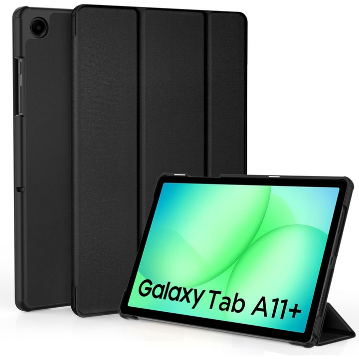Husa tableta, pentru Galaxy Tab A11+ 11 inch, piele PU neagra, cu suport si functie sleep/wake