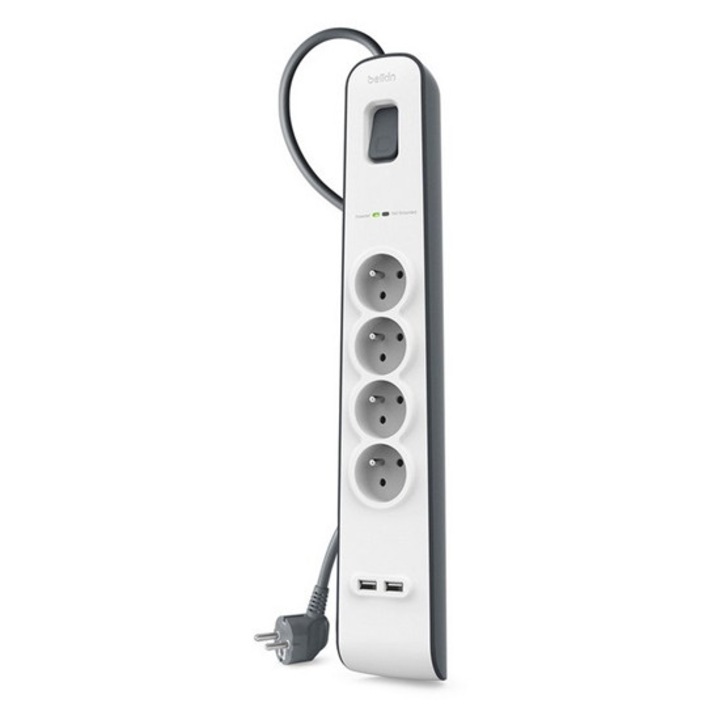 Belkin surge plus hálózati elosztó 4 ac+2 usb aljzat, 2.4a, túlfeszültségvédő + 200cm tápkábel, fehér