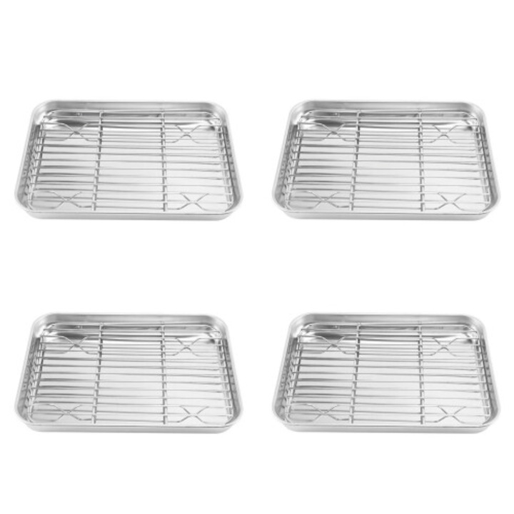 Set 4 tavi si gratare pentru cuptor prajitor, inox, 23x17x2.5cm, argintiu
