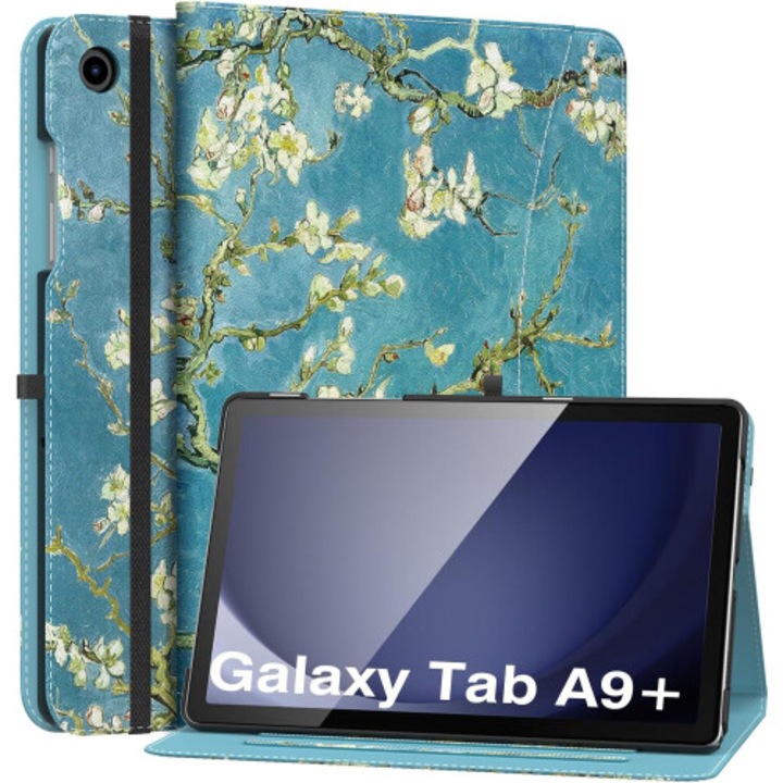 Samsung Galaxy Tab A9 Plus 11" kompatibilis tablet tok, PU bőr, dönthető állvány, elülső zseb, mandula szín