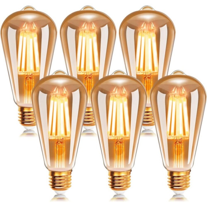 LED филаментна винтидж крушка E27, топло жълта, прозрачна, 6 броя, 2200K, димируема