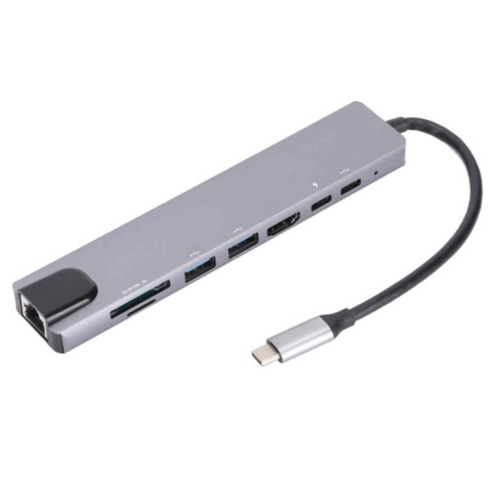 USB C Hub 8 az 1-ben, dokkolóállomás, HDMI 4K, Ethernet, gyors töltés, fekete