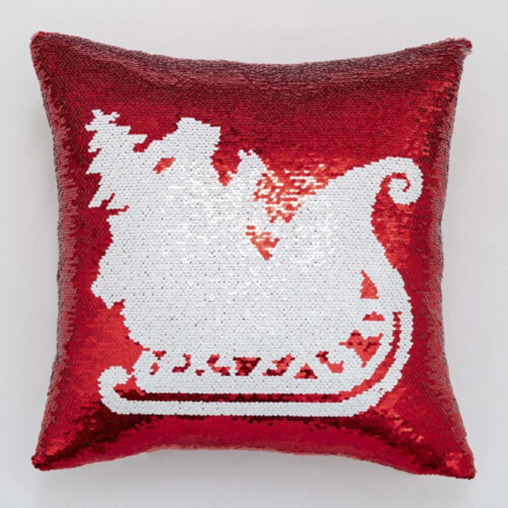 Set 6 perne decorative cu paiete reversibile, model Craciun, rosu-alb, 40x40cm