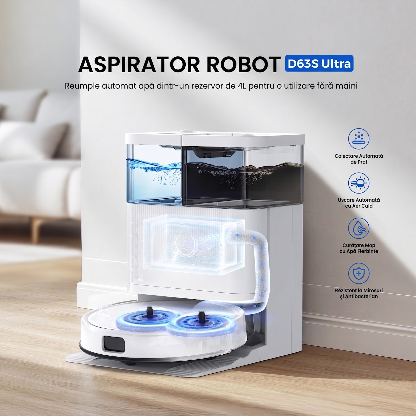 Robot Aspirator si Mop Teendow D63S ULTRA, Aspirare 10000Pa, Statie Auto-Golire, Navigatie Laser LDS, Autonomie 160 min, Rezervor 4L, Wi-Fi, Control Vocal