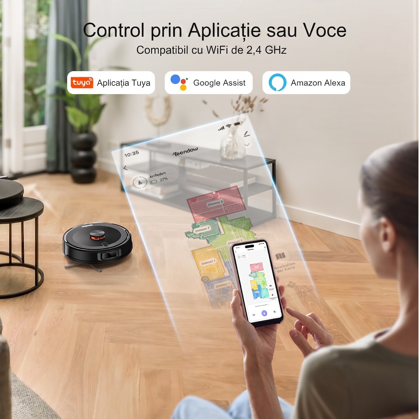 Robot Aspirator si Mop Teendow D10S, 5000Pa, Navigatie Laser LDS, Carpet Boost, Compatibil Tuya/Google/Alexa, Wi-Fi, Control Vocal