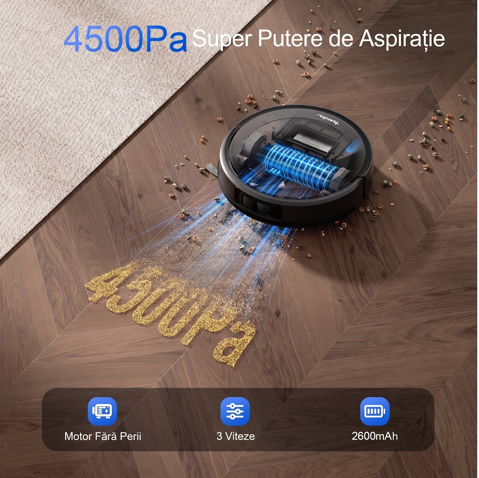 Robot Aspirator si Mop Teendow D10S, 5000Pa, Navigatie Laser LDS, Carpet Boost, Compatibil Tuya/Google/Alexa, Wi-Fi, Control Vocal