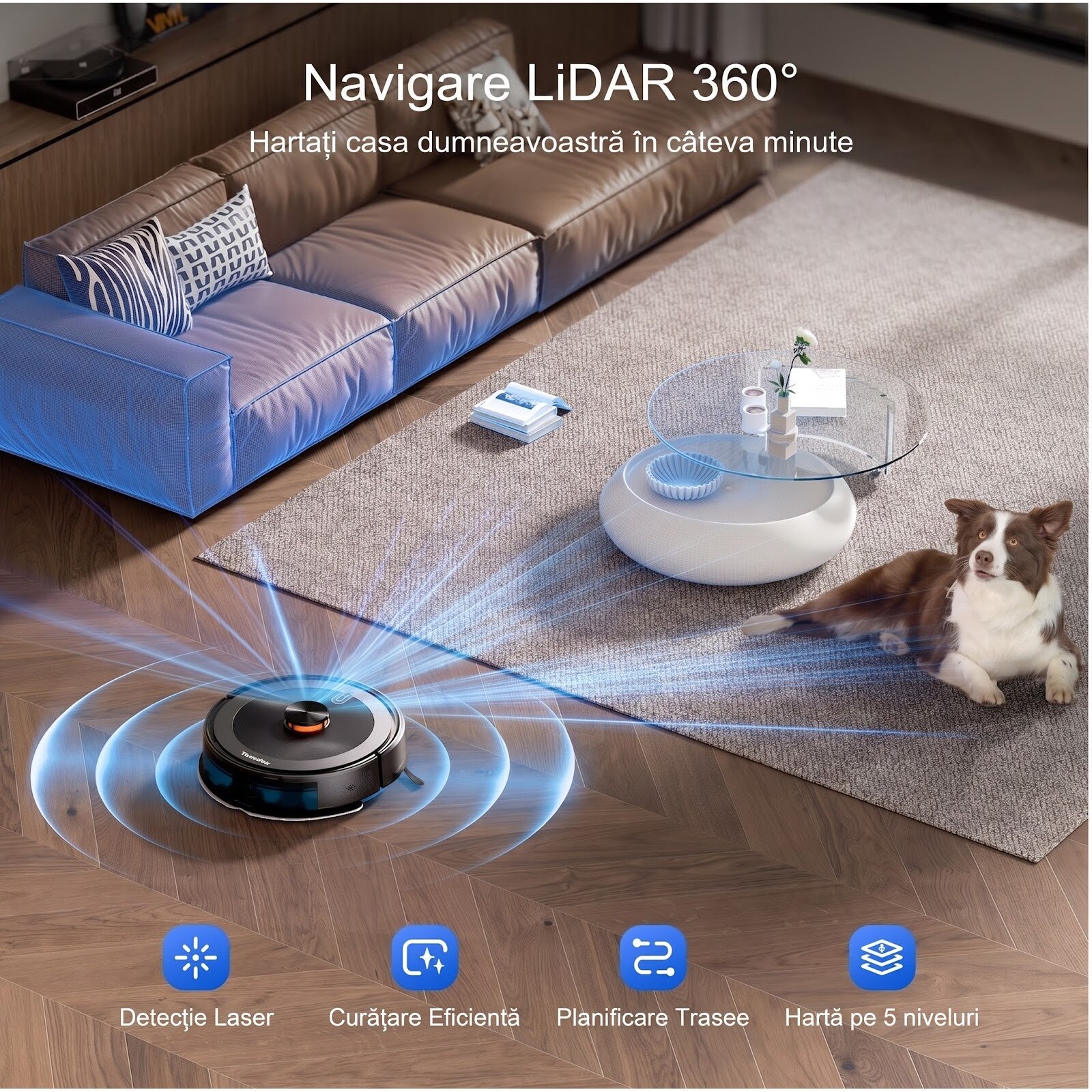 Robot Aspirator si Mop Teendow D10S, 5000Pa, Navigatie Laser LDS, Carpet Boost, Compatibil Tuya/Google/Alexa, Wi-Fi, Control Vocal