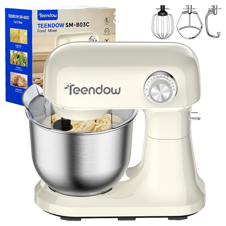 Teendow SM-B03 Konyhai robotgép, 1500W teljesítmény, 5L 304 rozsdamentes acél tál, 12 sebességfokozat, dagasztó, keverő és habverő funkciók, max. 17000 ford./perc sebesség, habverővel, lapos keverővel és dagasztókarral
